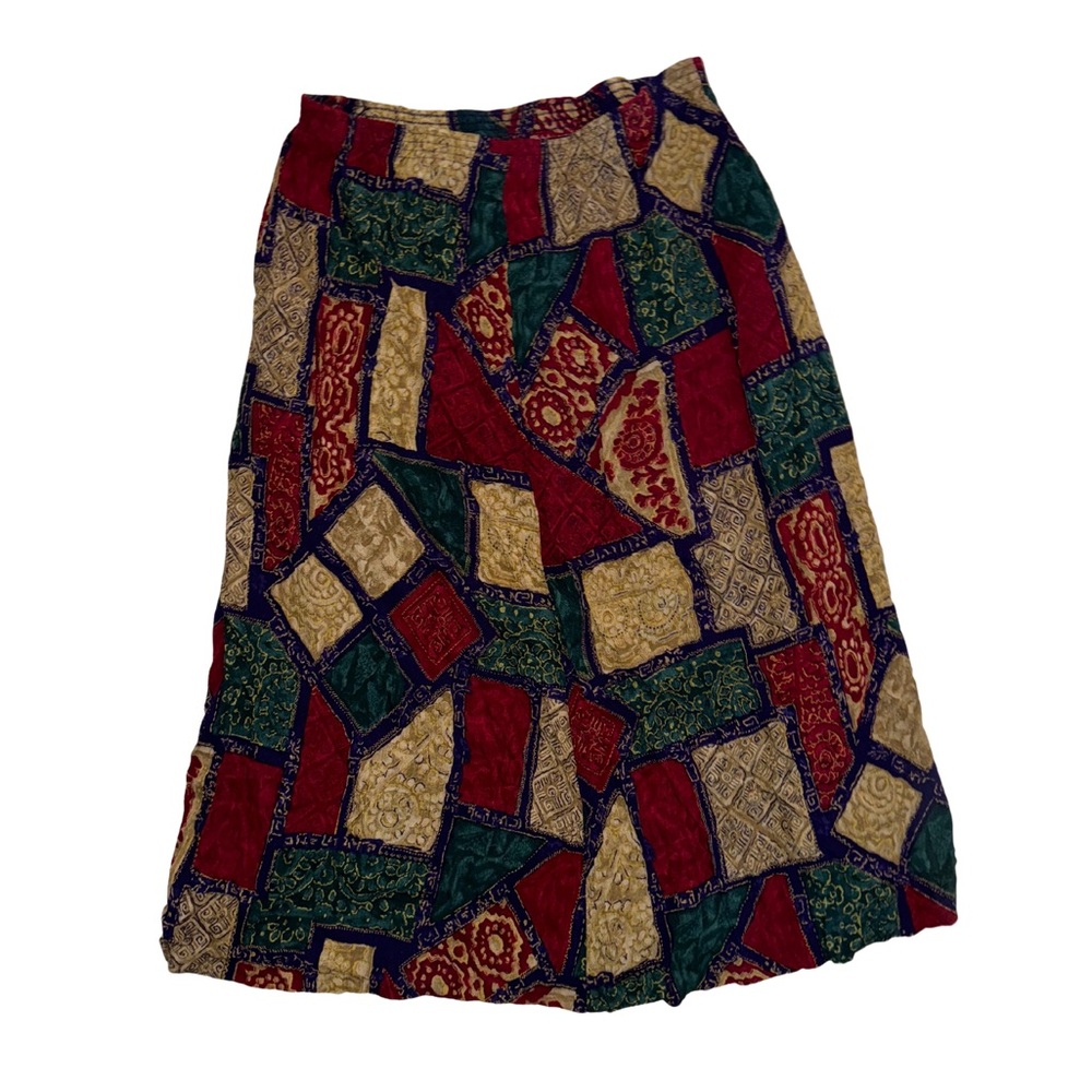 Alfred Dunner 90s size16 maroon navy green gold patch work patterned midi skirt